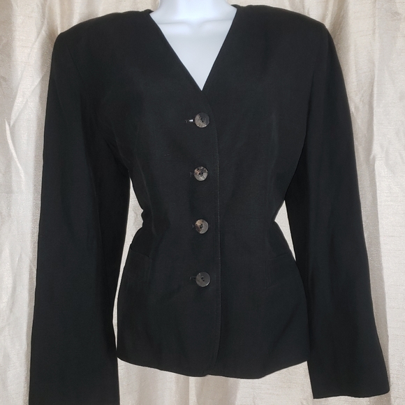 Vintage 80's Jaeger black silk & linen 4 button collar less blazer Women… - Picture 6 of 10